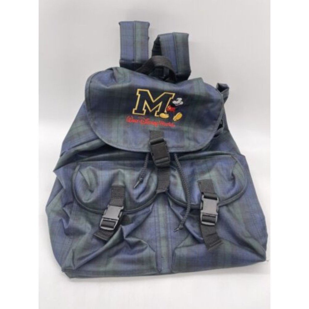 Walt Disney World Mickey Drawstring Canvas Blue Green Plaid Backpack Travel Bag